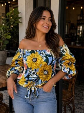 COCO BIANCO Women's On/Off Shoulder Puff Sleeve Resort Crop Top Sz MED